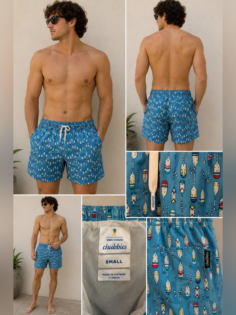 Cubbies Swim Trunks Small 7” Inseam Blue Fisher Bobber Print Lined Shorts